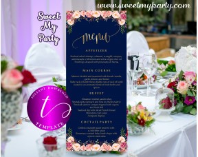 Floral Navy Wedding Menu tea length template,Restaurant menu card printable,(055w)